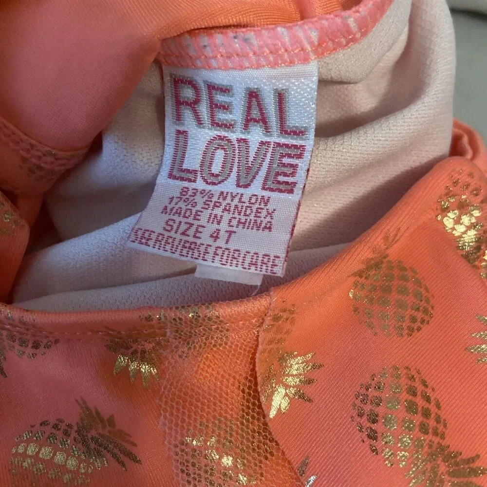 Real Love Coral 2-Piece‎ Girls Size 4T Swimsuit W/Metallic Gold Pineapple Design